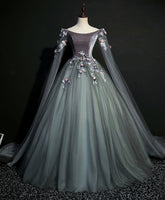 Gray Green Tulle Lace Long Prom Dress Formal Evening Gown